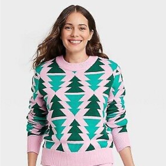 Grayson Threads Pink & Green Christmas Tree Knit Sweater NWT Size Large - Picture 1 of 5